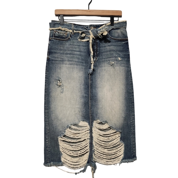 CULT OF INDIVIDUALITY Denim Skirt Womens Size 28 LONG Distressed Ripped Grunge - Picture 2 of 16